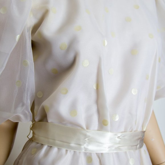 Beautiful Vintage 70s Dress Belted White white dots Wedding - Picture 7 of 14